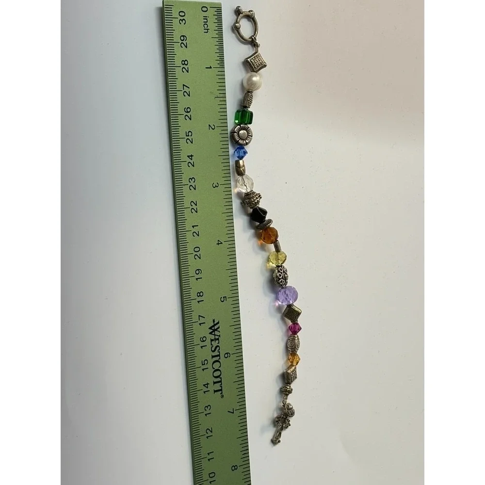 Y2K Charm Bracelet Silver Tone Purple‎ Green Yellow Beads Cross Crucifix